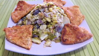 Recette Vitelottes et légumes aux filets de dinde panés