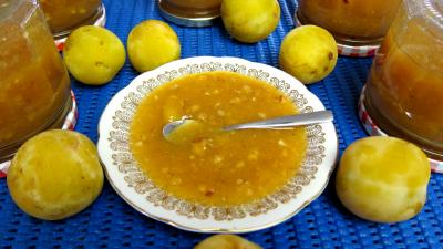 prune : Coupelle de compote de prunes blanches aux noisettes