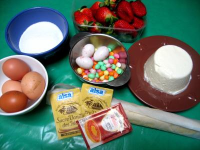 Ingrédients pour la recette : Tarte de Pâques aux fraises et à la brousse