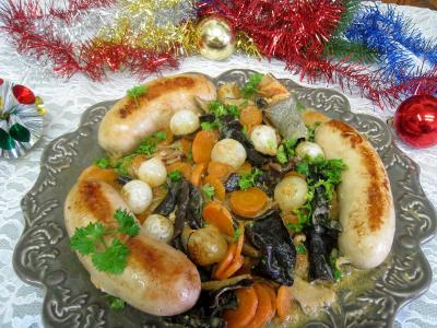 champignon noir : Assiette de boudins blancs aux champignons et aux chiitakes