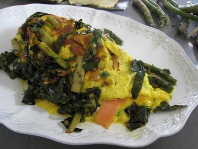 omelette : Assiette d'omelette d'asperges au chou et aux ognasses