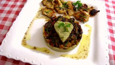 Recette Purée d'aubergines et confit d'oignons et de tomates