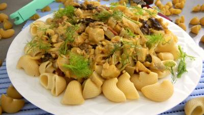 Image : recette Lieu noir sauté aux pâtes et aux légumes