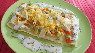 Ail : Assiette de lasagnes aux carottes et chou romanesco