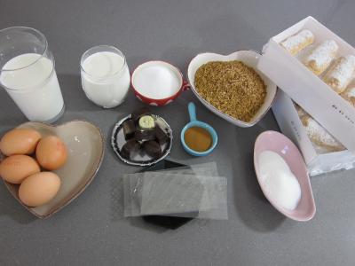 Ingrédients pour la recette : Charlotte café chocolat au pralin