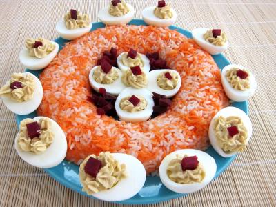 Recette Oeufs au foie gras et sa couronne riz et carottes