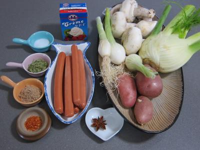 Ingrédients pour la recette : Fenouil en velouté et aux knackis (saucisses de Strasbourg)
